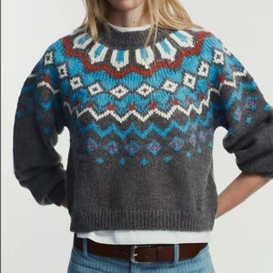 NWT Zara Multicolor Patterned Crew Neck Sweater Jacquard Knit Jumper XL gray